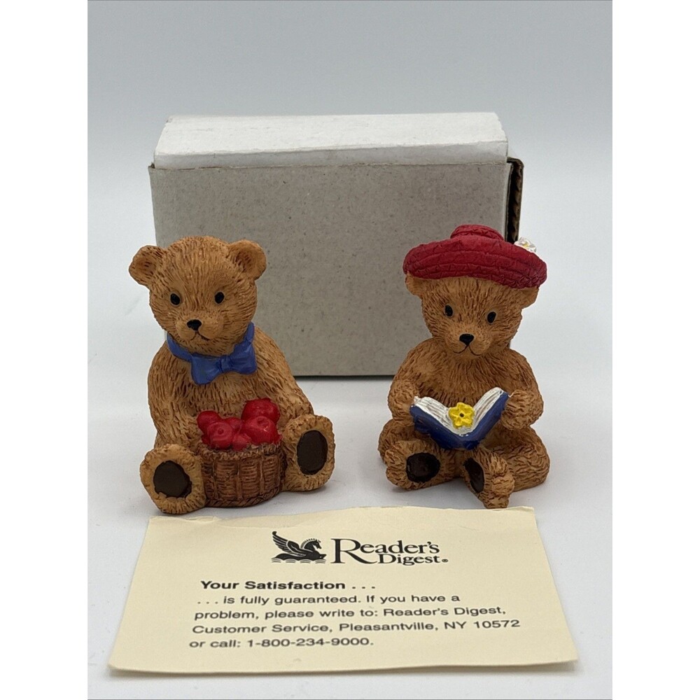 Set of 2 VTG Readers Digest Christmas Bear Ornaments Girl w Book & Boy w Apples